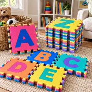 May include: A set of interlocking foam floor tiles featuring colorful letters of the alphabet. The tiles are arranged in a stack and spread out on a textured rug, displaying bright pink, blue, orange, yellow, and green squares with cutout letters.