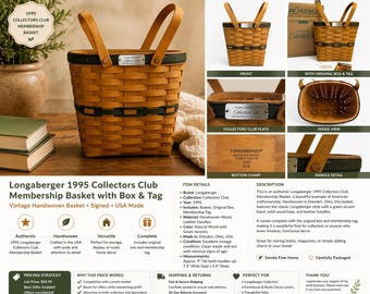 Vintage Longaberger Basket 1995 Collectors Club w Box, Woven Wood Basket, Farmhouse Decor, Americana Storage, Rustic Home Accent