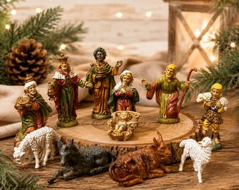Vintage Miniature Hand Painted Nativity Set 11 Pieces Christmas Creche Holy Family Wise Men Sheep Ox Italy Style Figurines
