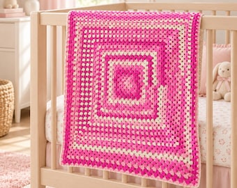 Vintage Pink Crochet Baby Blanket Handmade Granny Square Afghan Hot Pink White Nursery Throw