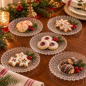 May include: Five clear glass plates with a beaded rim, each holding different holiday cookies. The cookies include peppermint swirls, snowflake-shaped sugar cookies, jam-filled thumbprint cookies, star-shaped cookies, and chocolate-drizzled treats.