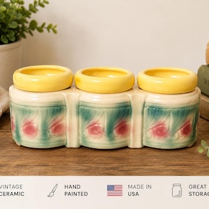 Vintage Triple Ceramic Planter Window Box | Three Pot Succulent Planter | Art Deco Floral Pottery Planter | Cottage Garden Decor