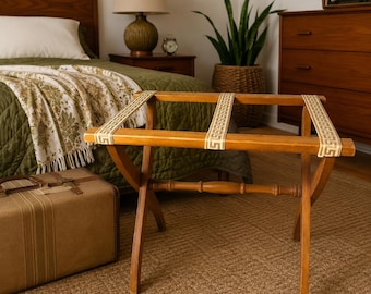 Vintage Wooden Folding Luggage Rack Greek Key Strap Suitcase Stand Mid Century Valet Rack Travel Stand Guest Room Decor