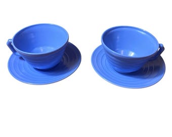 Two Antique 1930's Hazel Atlas Platonite Glass Blue Moderntone Cup Saucer Sets
