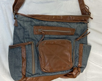 Vintage Denim Messenger Bag Brown Faux Leather Adjustable Strap Pockets 13 X 16