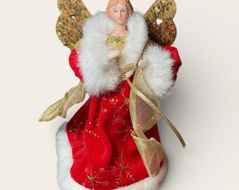Mini Tree Topper Angel With Red & Gold Dress 7.5" Christmas Holiday