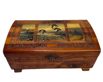 Vintage Carved Cedar Ducks At Sea  Decoupage Carved Lid Footed *see Flaw