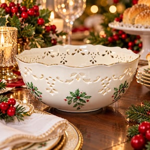 May include: A cream-colored ceramic serving bowl featuring a scalloped rim with intricate cut-out lattice detailing and a gold-trimmed edge. The exterior is decorated with a repeating pattern of green holly leaves and bright red berries.