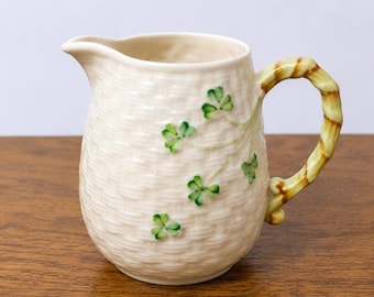Vintage Belleek Ireland Shamrock Cream Pitcher Basketweave Creamer Irish Porcelain Clover Bamboo Handle Small Milk Jug