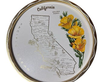 Vintage California Map Souvenir Litho Metal Tray Gold State Flower Poppy Floral