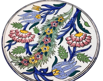 Hand Made Painted Stonewear Italian Plate Royal Blue Floral From Italy Vintage