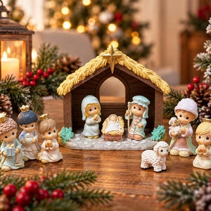May include: A nativity scene figurine set featuring a central stable with a thatched roof and a gold star, surrounded by small porcelain-style figures including a baby in a manger, adults, children, and a lamb, all with painted facial features.