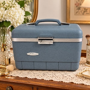 May include: A dusty blue hard-shell vanity case with a textured finish, a top handle, and a silver-toned metal latch closure. The front features a small oval plaque with the word FORECAST printed in black. The case has a rectangular shape.