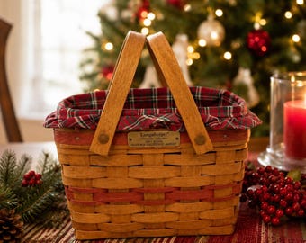 Vintage 1992 Longaberger Season’s Greetings Basket Christmas Plaid Liner Holiday Decor