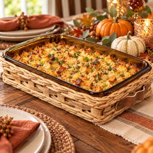 May include: A rectangular amber glass baking dish nestled inside a woven wicker basket holder. The basket features two brown leather side handles. The dish is filled with a golden-brown baked casserole topped with green herbs and bread cubes.
