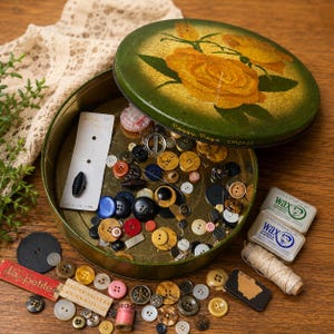 May include: A round green metal tin with a yellow rose illustration on the lid, containing a collection of assorted buttons in various colors, shapes, and sizes. The tin is labeled Peggy Page Chicago and includes sewing supplies like wax and thread.