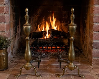 Vintage Brass Andirons Pair Colonial Revival Fireplace Decor, Shane 2062 Vase Finials, Cabriole Legs Cast Iron Fire Dogs Traditional Hearth