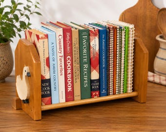 Vintage Wooden Cookbook Stand Rack | Folk Art Amish Goose Recipe Book Holder | Oak Kitchen Counter Display | Farmhouse Cookbook Organizer