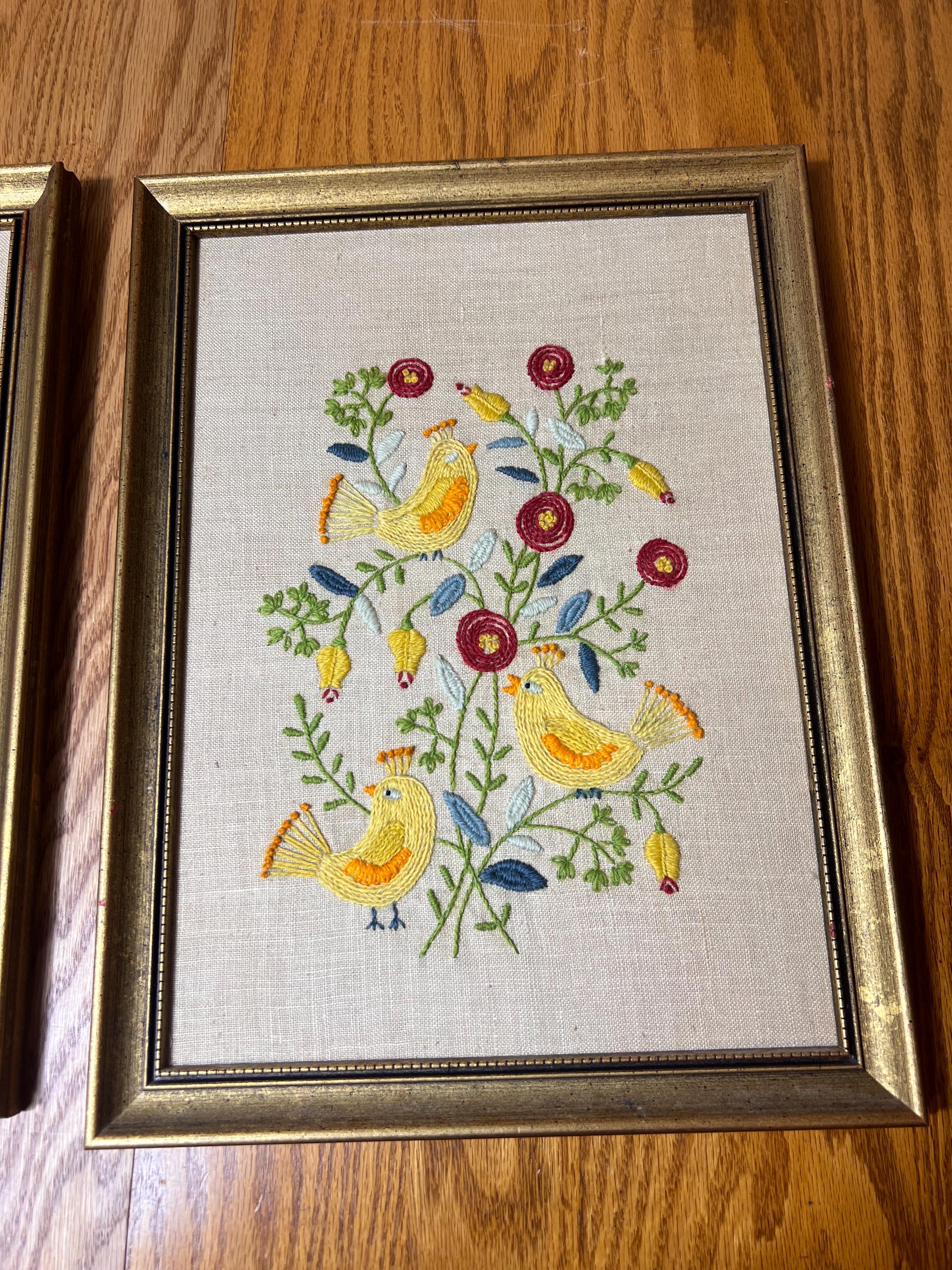 Vintage Hand Embroidered Bird Wall Art Set of 2 | Framed Folk Art ...