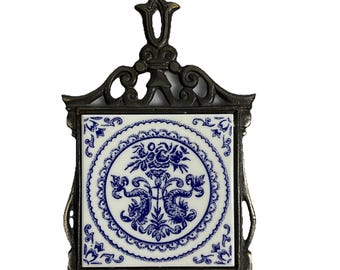 Vintage Cast Iron Tile Trivet Made In France Cobalt Blue Floral Circle