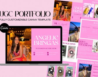 May include: A pink and white digital portfolio showcasing a UGC creator's work. The portfolio features a photo of the creator, a description of their services, and examples of their work. The text "Angelic Bringas" and "FL-Based UGC Creator" is displayed on the portfolio.