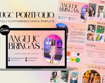 May include: A pink and white digital portfolio template for a Miami-based UGC creator named Angelic Bringas. The template features a photo of Angelic in a pink dress, a list of services offered, and contact information. The text "Hi, I'm Angelic" is featured in a pink and white box.