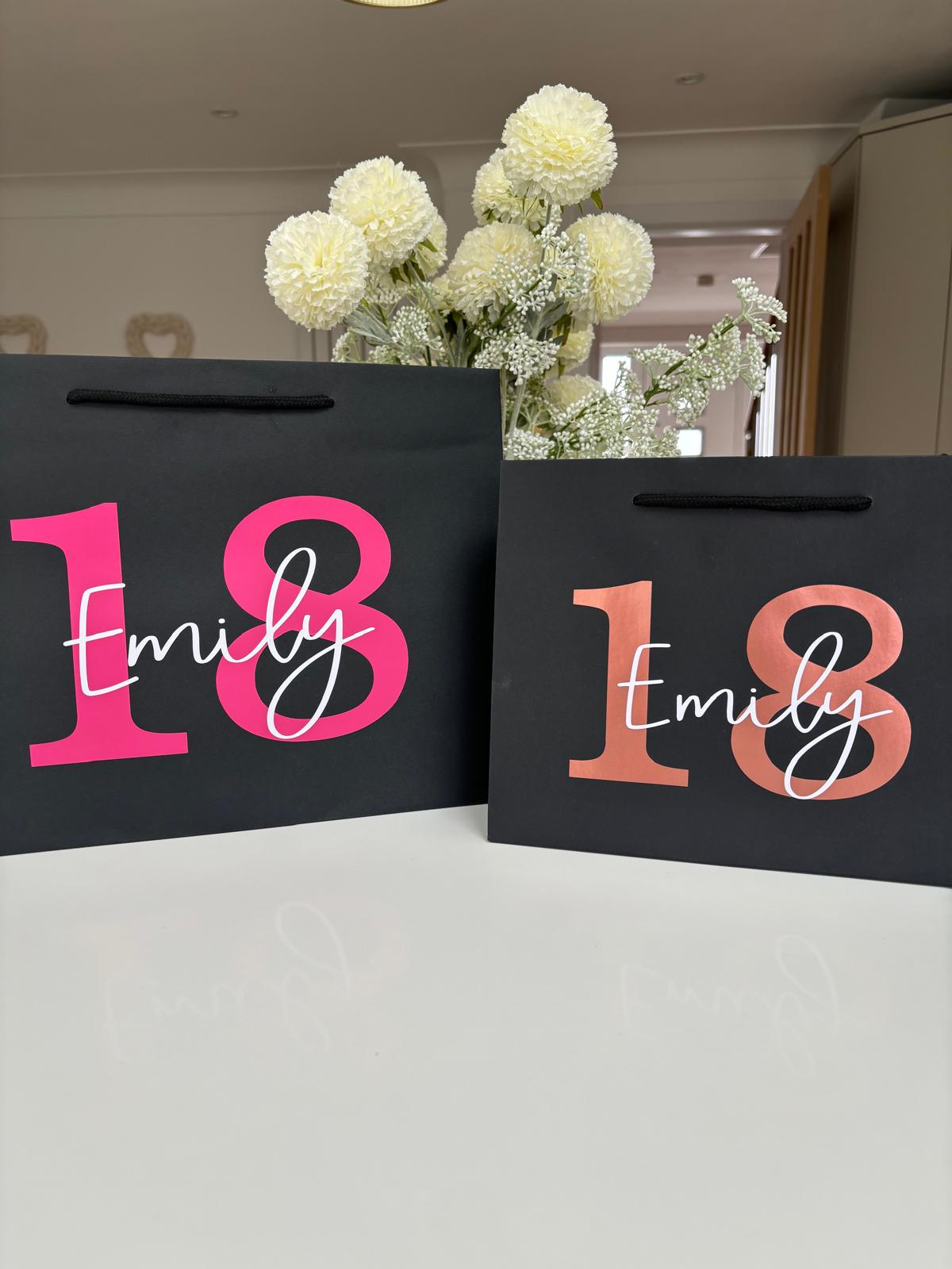 Personalised birthday black gift bags. Customized names and colours. Any age in selection of sizes. Celebration gift bag. 25 colour options.