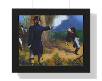 May include: Framed print of an historical scene depicting a man in a blue coat firing a pistol at another man. The artwork is set in a natural outdoor setting with trees and a blue sky. The frame is black.