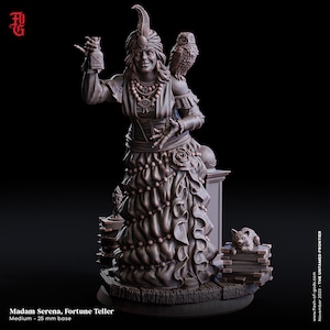May include: A brown painted miniature figurine of a fortune teller with a feathered turban, holding a bottle and a crystal ball. She is sitting on a stack of books with an owl perched on her shoulder and a cat sitting on another stack of books.