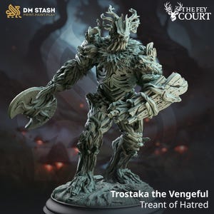 May include: A detailed, gray-green Treant miniature, "Trostaka the Vengeful," from "The Fey Court." The figure holds a wooden shield and an axe. The base is dark, and the figure has a textured, bark-like appearance. The DM Stash logo is in the upper left.