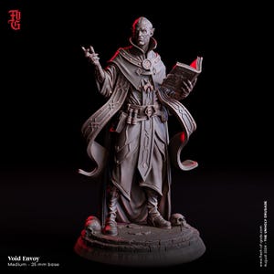 Puede incluir: Una detallada figura gris de Void Envoy, sosteniendo un libro con páginas rojas, sobre una base de piedra con calaveras. La figura lleva una larga túnica y tiene orejas puntiagudas. La base es de 25 mm. El texto "Void Envoy" es visible.