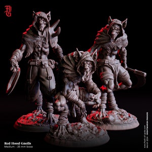 May include: Three painted miniature figures of gnolls wearing red hoods. The gnolls are in a crouching or standing pose, and they are holding weapons. The miniatures are set on circular bases.