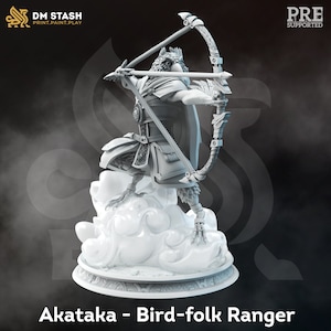 May include: Akataka - Bird-folk Ranger 3D printed miniature. The miniature is painted in a light gray color and depicts a bird-like humanoid figure holding a bow and arrow. The figure is standing on a cloud-shaped base.
