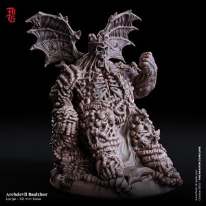 May include: A detailed miniature of a skeletal demon with a crown, wings, and a throne made of writhing flesh. The miniature is painted in shades of brown and gray, and is approximately 50 mm in size.