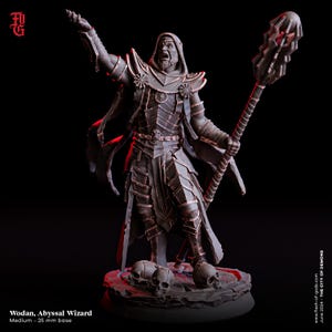 May include: A detailed figurine of Wodan, Abyssal Wizard, with a 25 mm base. The wizard is clad in ornate armor and holds a staff with a spiked head. The figure is dark gray with bronze accents and stands on a base with skulls. The image includes the text "Wodan, Abyssal Wizard".