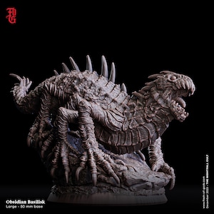 May include: A detailed miniature of an obsidian basilisk, a mythical creature with a reptilian body, sharp claws, and a spiky crest. The miniature is painted in shades of gray and brown, and is posed on a rocky base. The miniature is 50 mm in size.