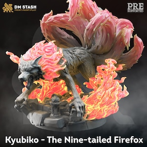 May include: A nine-tailed fox, known as a Kyubiko, is depicted in a 3D printed miniature. The fox is standing on a rocky base with flames surrounding it. The fox has a fierce expression and its nine tails are made of fire.