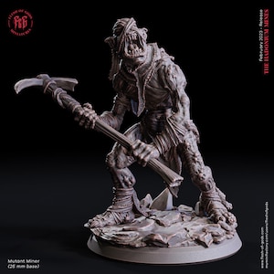 May include: A detailed miniature of a mutant miner, a grotesque humanoid figure with a bandaged head, holding a pickaxe. The figure is posed in a dynamic stance, ready to strike. The miniature is painted in a muted brown color scheme, with details of the figure's skin and clothing visible.