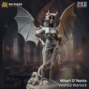 May include: A grey 3D printed miniature of a female figure with horns, wings, and a sword. She is wearing a detailed outfit with a corset and leggings. The figure is standing on a base with a small, seated figure of a rabbit. The text "Mhari O'Nette Wishful Warlock" is printed below the figure.