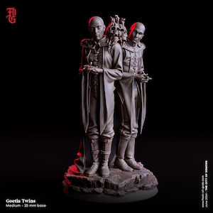 May include: A detailed sculpture of the Goetia Twins, featuring two figures in long robes, standing on a rocky base. One figure has a skull resting on their shoulder. The sculpture is medium size with a 25 mm base. The background is black.