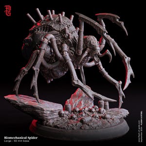 May include: A gray biomechanical spider miniature featuring a large, segmented abdomen with protruding pipes, sharp multi-jointed legs, and a brain-like head structure. It stands on a base with scattered skulls and debris, labeled Biomechanical Spider.