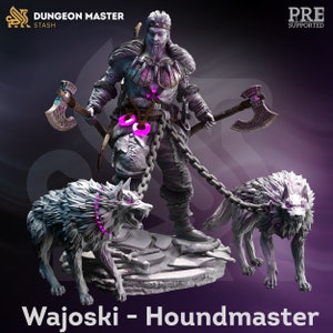 May include: A white, detailed miniature figurine of a warrior with a beard and two wolves on leashes. The warrior is holding two axes and is wearing a fur cloak and chainmail. The wolves are snarling and have glowing eyes. The figurine is titled "Wajoski - Houndmaster".