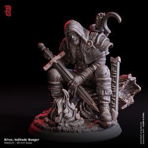 May include: A gray miniature figurine of a hooded ranger sitting on a log by a campfire, holding a long sword. The figure wears textured armor, has a quiver on the back, and rests on a 25 mm base. Text reads: Rivec, Solitude Ranger.