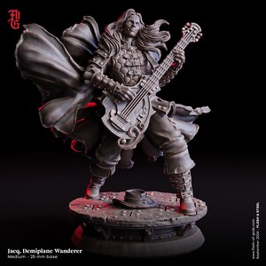 May include: A grey resin miniature figure titled Jacq, Demiplane Wanderer, featuring a long-haired character playing a stringed instrument. The figure wears a quilted jacket, buckled boots, and a flowing cape, standing on a 25 mm circular base.