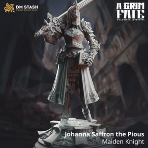 May include: A gray plastic miniature figurine of a female knight in full armor, holding a sword and a book. The figurine is standing on a circular base with the text "Johanna Saffron the Pious Maiden Knight" printed on it.