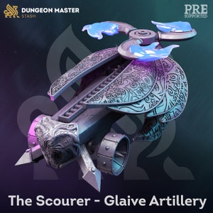 May include: A detailed 3D printed model of a fantasy weapon called "The Scourer - Glaive Artillery". The weapon is a large, ornate crossbow with a metal frame and wooden stock. It has a complex design with intricate details and a blue and purple glow emanating from the weapon.
