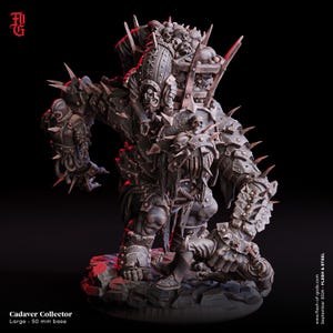 May include: A dark gray Cadaver Collector miniature figure standing on a 50 mm base. The creature features a large cage filled with skulls on its back, spiked armor plating, and a smaller figure held in its hand. Text reads Cadaver Collector.