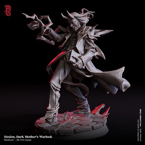 May include: A grey miniature figurine titled Hexios, Dark Mother's Warlock, standing on a 25 mm base. The figure features a horned character in a long coat holding a book, with one hand outstretched, set against a dark background with red lighting.