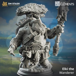 Puede incluir: Una figura miniatura gris y detallada de un enano con una larga barba, vistiendo una túnica y sosteniendo un bastón. El enano está de pie sobre una base con el texto "Elki the Wanderer".
