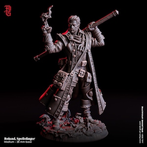 May include: A detailed figurine of Roland, Spellslinger, a character in a long coat, holding a staff and a flame. The figure is on a 25 mm base. The color is a dark grey. The figurine has multiple pouches and straps. The text "Roland, Spellslinger" is visible.